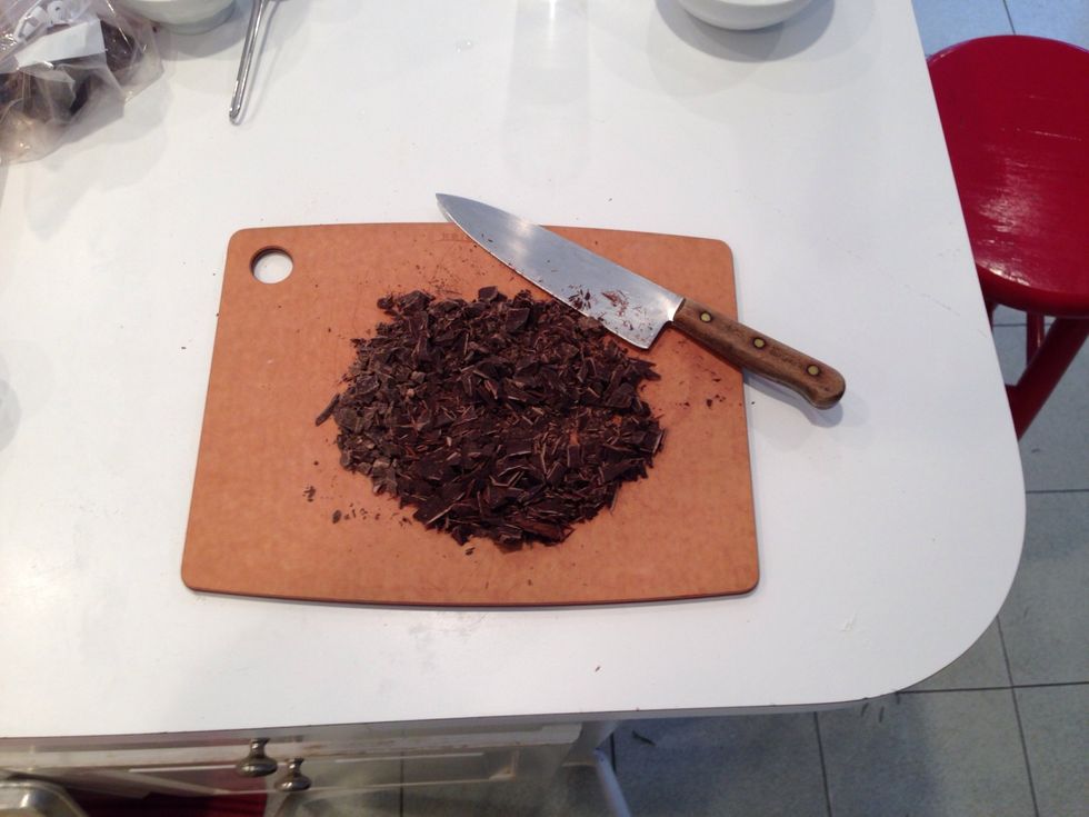 2/3 of the chocolate goes into the pot. The rest gets finely chopped. Set it aside.