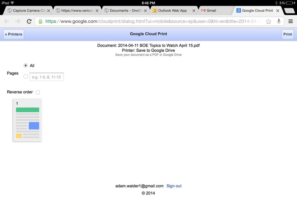 2:4 Select standard print rendering options as though actual printing were to occur, and then tap print.