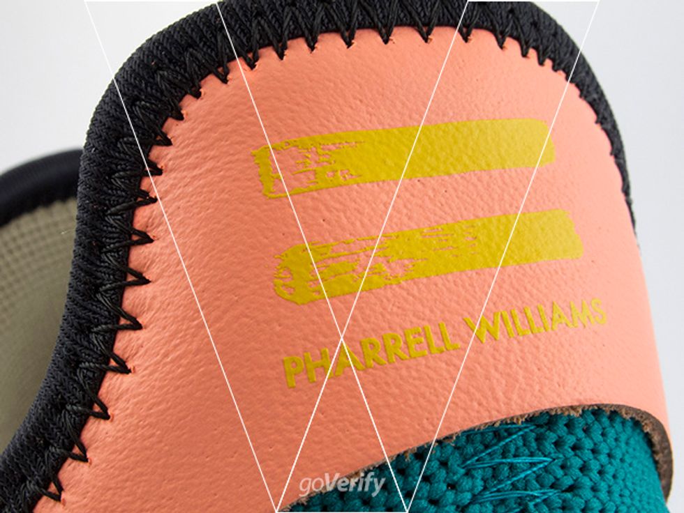 2. Adidas NMD Human Race TR Sun Glows have a Pharrell Williams + brush strokes logo on the heel. Make sure this logo is slightly thick, almost embossed.
