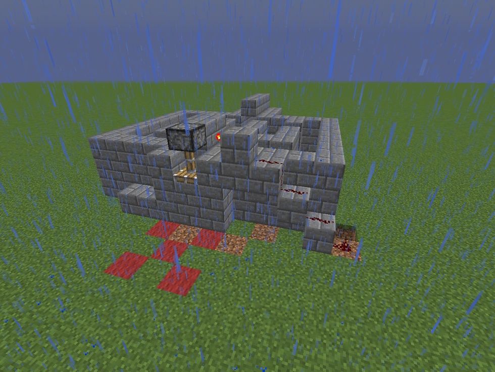 2 blocks over from each sticky piston, add a block of your choice and in the one block between the sticky piston and the block, add a redstone torch.