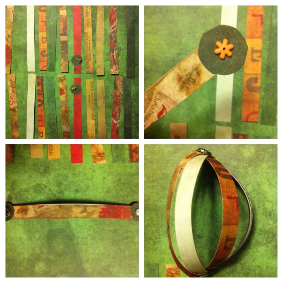 #2. Cut strips of paper & 2 small circles. Use large needle or toothpick to pre-poke holes. Take brad & put on circle then strips. Repeat on bottom. Now fan them out.