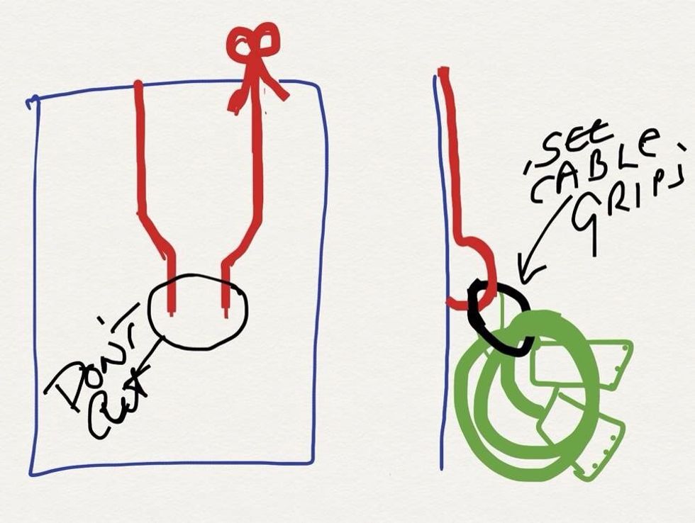 2. DON'T cut across the bottom of the hook.  Open the hook, loop item (say cable grip :-) over hook, place magnet on ferrous surface ensuring the 3 top edges are butted together.  Bad sketch ;-}