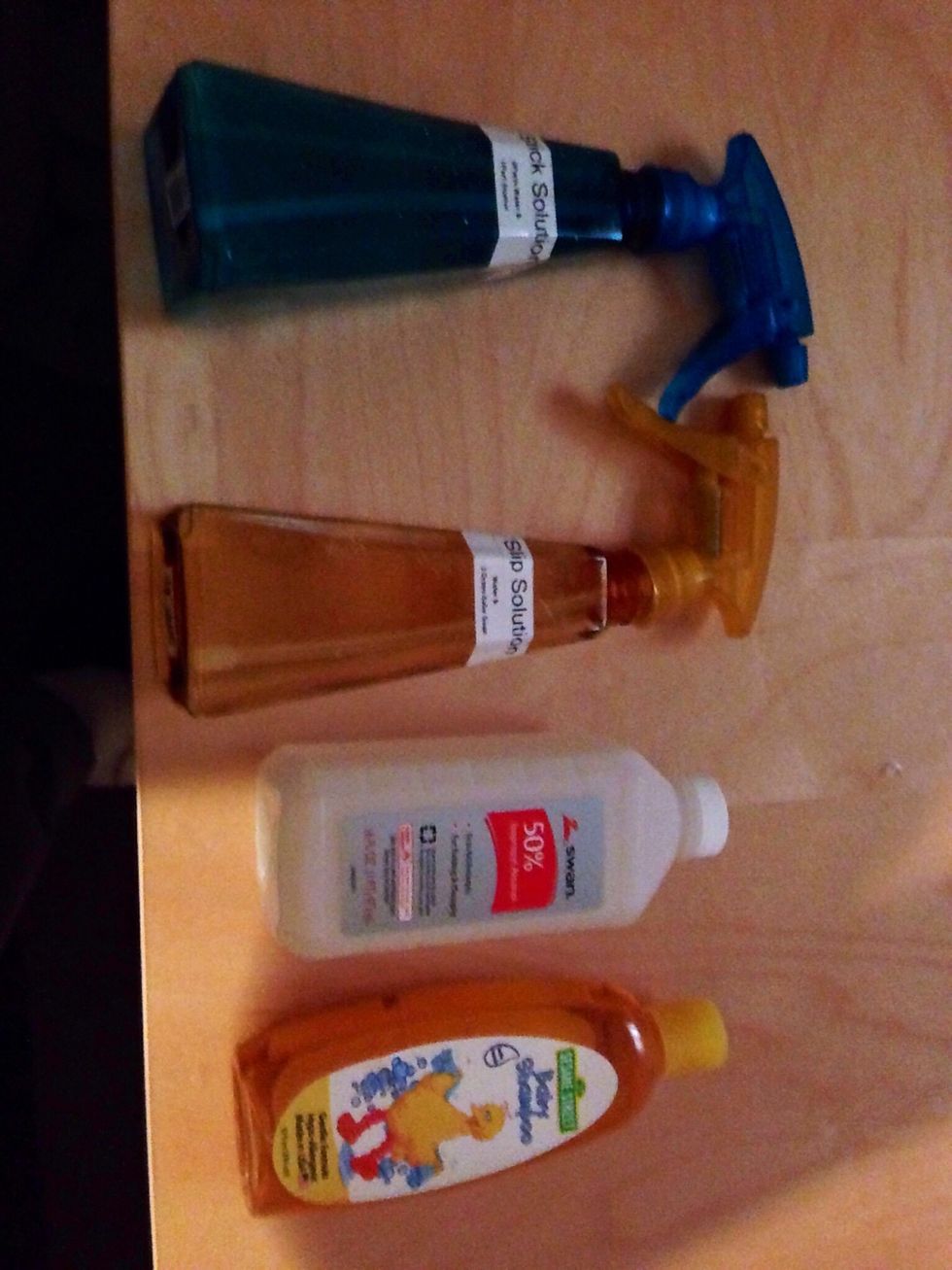 2 Empty bottles I got from Target, some generic baby shampoo, alcohol, & some water. I labeled the bottles ahead of time. :) this makes it easier for the future in case I need to make more.