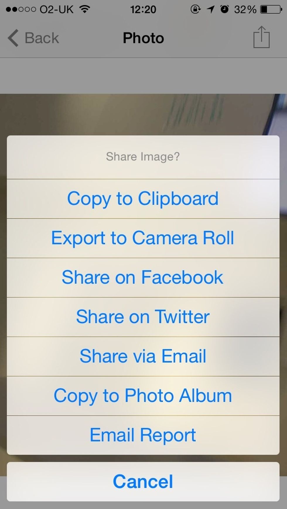 2. If you so wish, you can choose to upload content to several online services. This can only be done by tapping the 'Share' button whilst viewing your content.