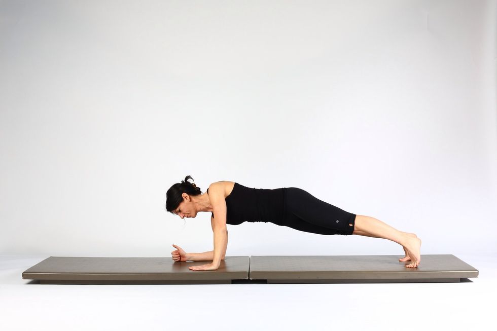 2. LOW PLANK TO HIGH PLANK-    Place left hand where left elbow is and extend elbow
