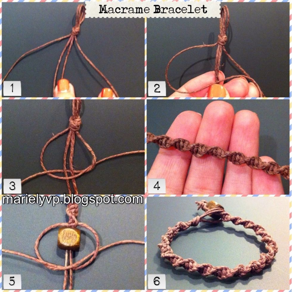2. Make a letter "P" backwards, using one end of the 2'6" thread. 3. Start to 'knit' as shown on the photo. 4. Repeat step 3 until the bracelet fits your wrist. It will look like a curvy braid.