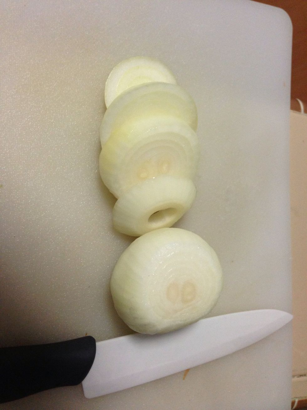 2 medium size Yellow onion, ends removed, and sliced into about 1/3 of an inch.