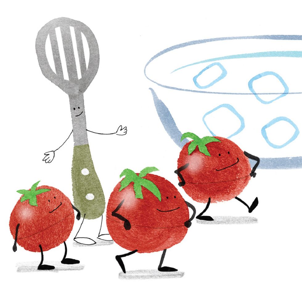 2. Parent: Once the water is boiling, add the tomatoes and cook for one minute. Using a slotted spoon, dunk the tomatoes int he bowl with ice water.