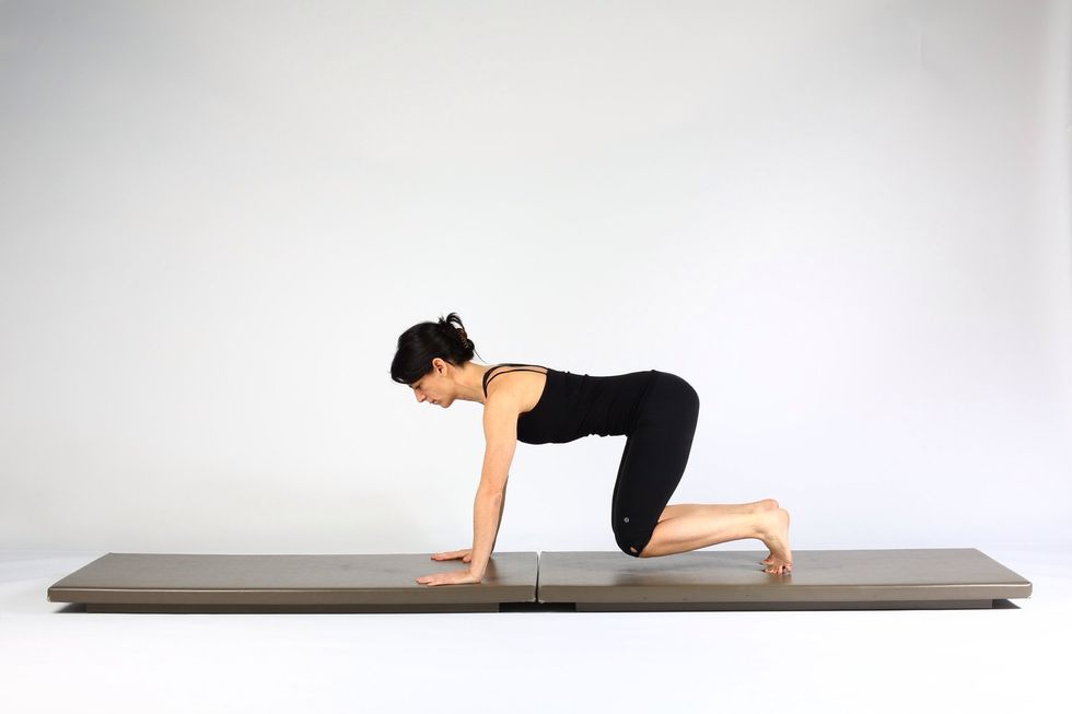 2. PLANK WALK OUTS-   Maintaining neutral spine push into feet and hands to lift and  hover knees 2-4 inches off mat.   Keep abdominals contracted isometrically