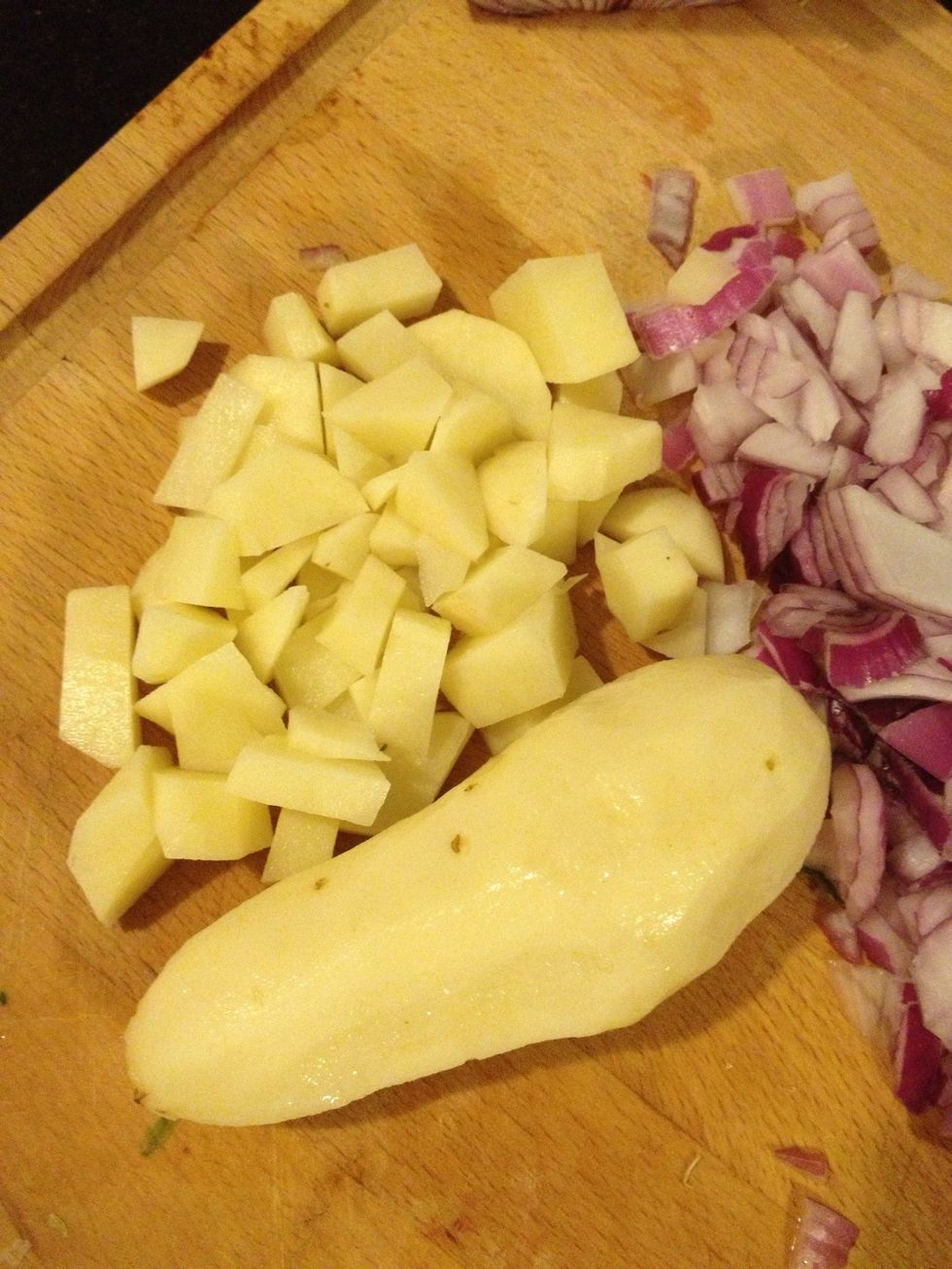 2 small long potatoes, and chopped red onion.