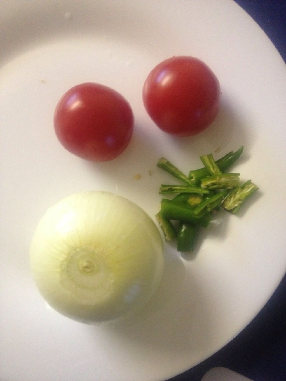 2 small tomatoes, 3 chillies and 1 big size onion