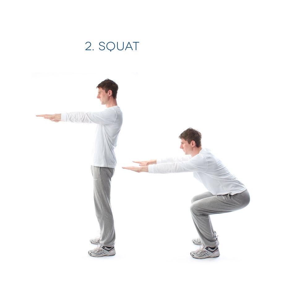 2. Squat - This will improve your leg strength. Stand with feet shoulder-width apart. Sit back, knees not coming over toes, until thighs are parallel to the floor, stand back up. Repeat this 15 times.