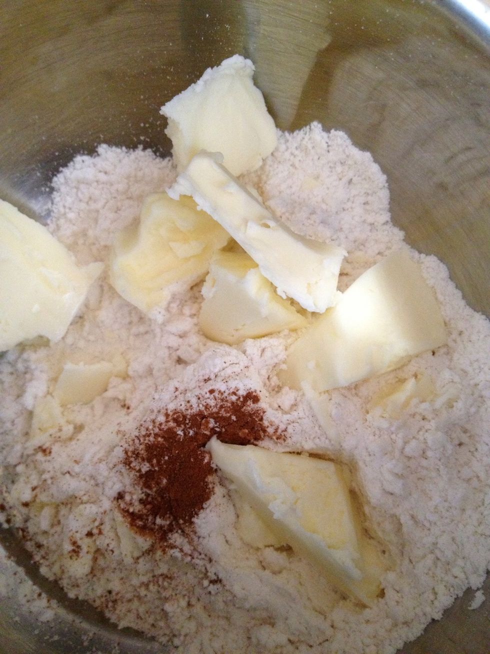 2 tbs COLD butter now start mixing flour in butter making crumbles