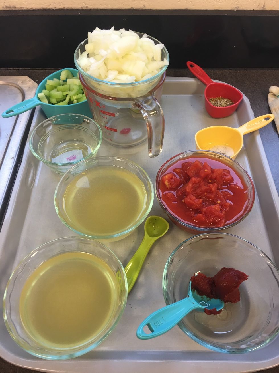 2 Tbsp olive oil, 2 C chopped onions, 1 C sliced celery, 2 tsp italian seasoning, Course salt and grounded pepper, 3 cans chicken broth, 1 can diced tomatoes w/ juice, 1 Tbsp tomato paste,