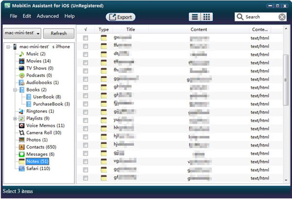 2. Tick the one or more iPad notes you wish to backup, then hit "Export" button to export and save them on your personal computer.