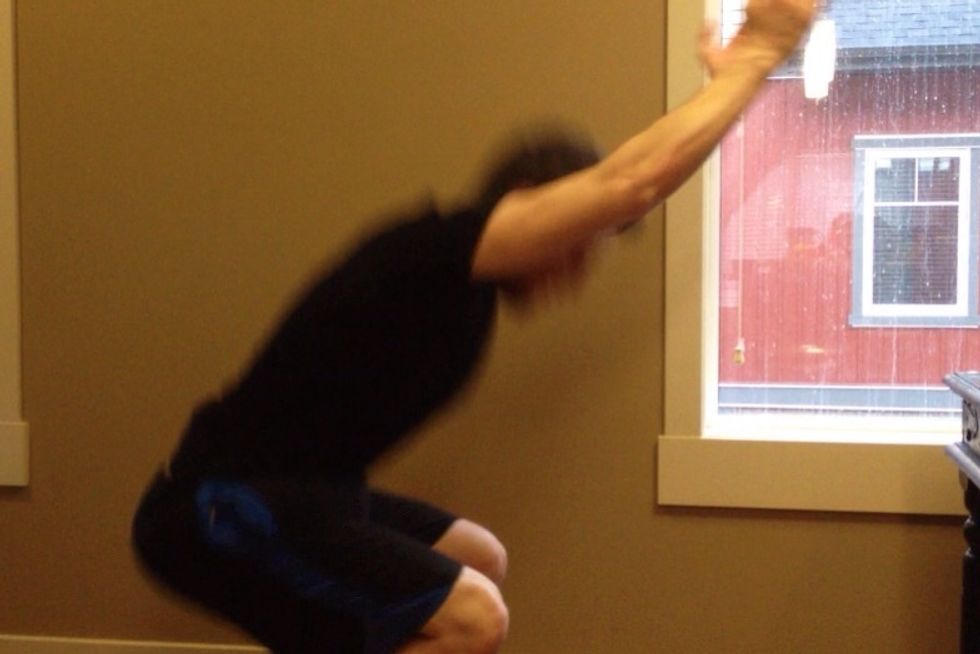 20 chair squat jumps.... with knees and ankles touching or close together, squat down and raise hands above your head. As you jump, sweep your hands behind you for momentum. Land softly.