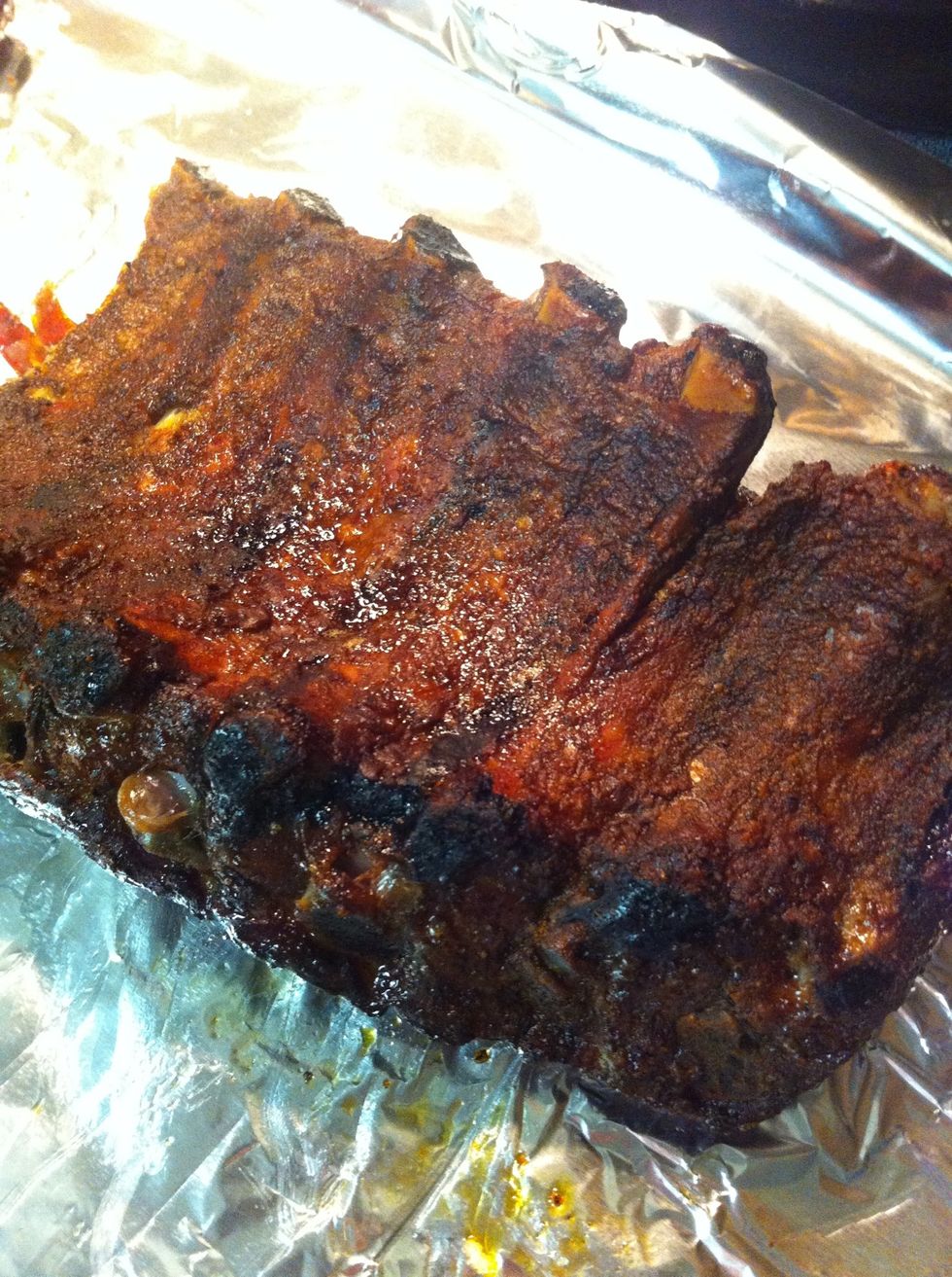 .25-.5 inch exposed bone is a good indicator your ribs are done. Over that may mean they're overdone. When you pull the bones apart, it should take a little tug. THE MEAT SHOULD NOT FALL OFF THE BONE.