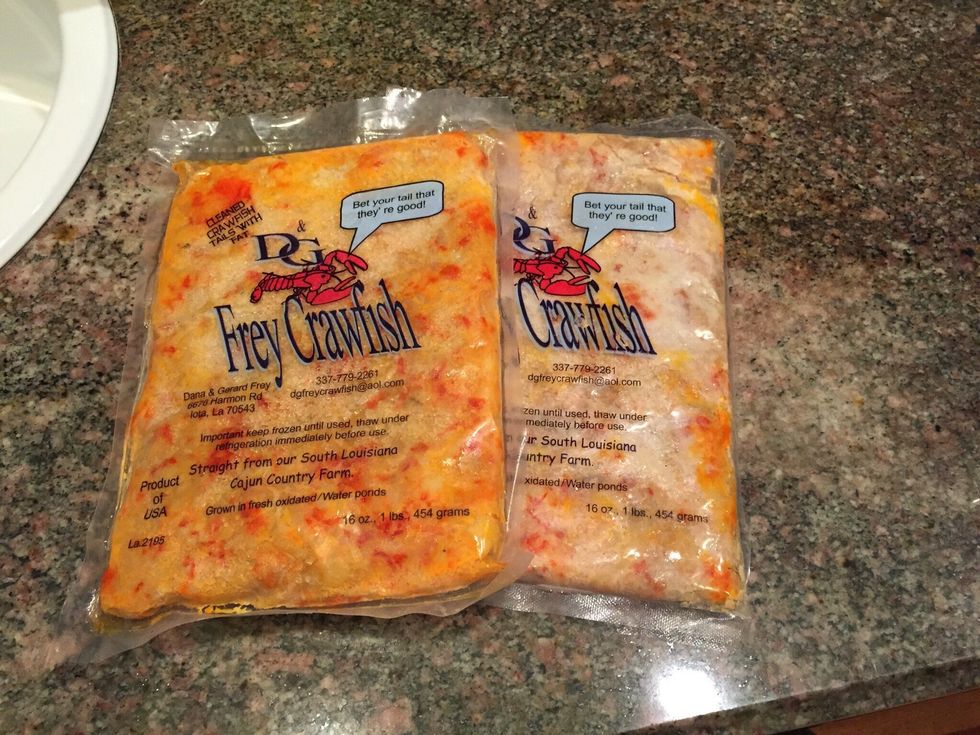 2lbs of Louisiana-raised crawfish meat. Order from Lousiana Crawfish Company; they're the best. Absolutely terrific, and trust me, there IS a difference.