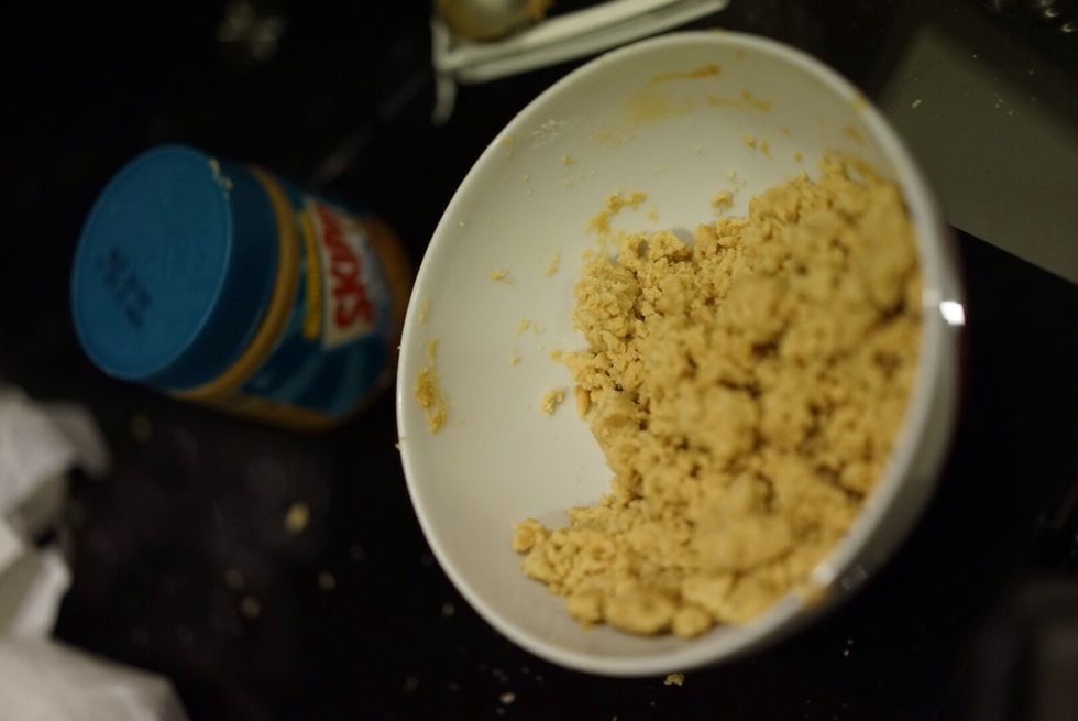 2nd part add some peanut butter. With each table spoon added add equal amount of flour to the mixture.