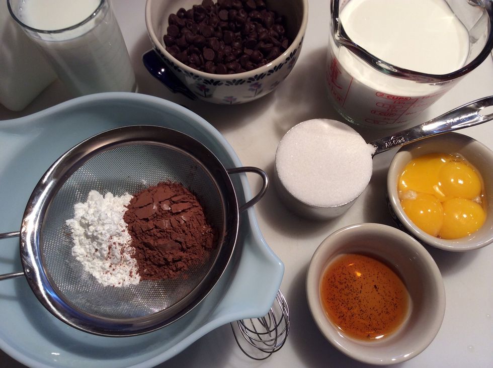 2nd part; the ingredients for the chocolate pastry cream. Sift together the cocoa and the cornstarch. Butter is not shown.