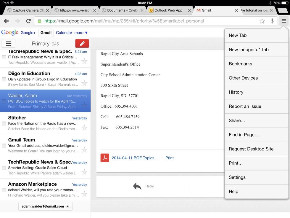 3:2 Before selecting any email, tap the setting button in the upper right hand corner of the window. Then, tap "Request Desktop Site."