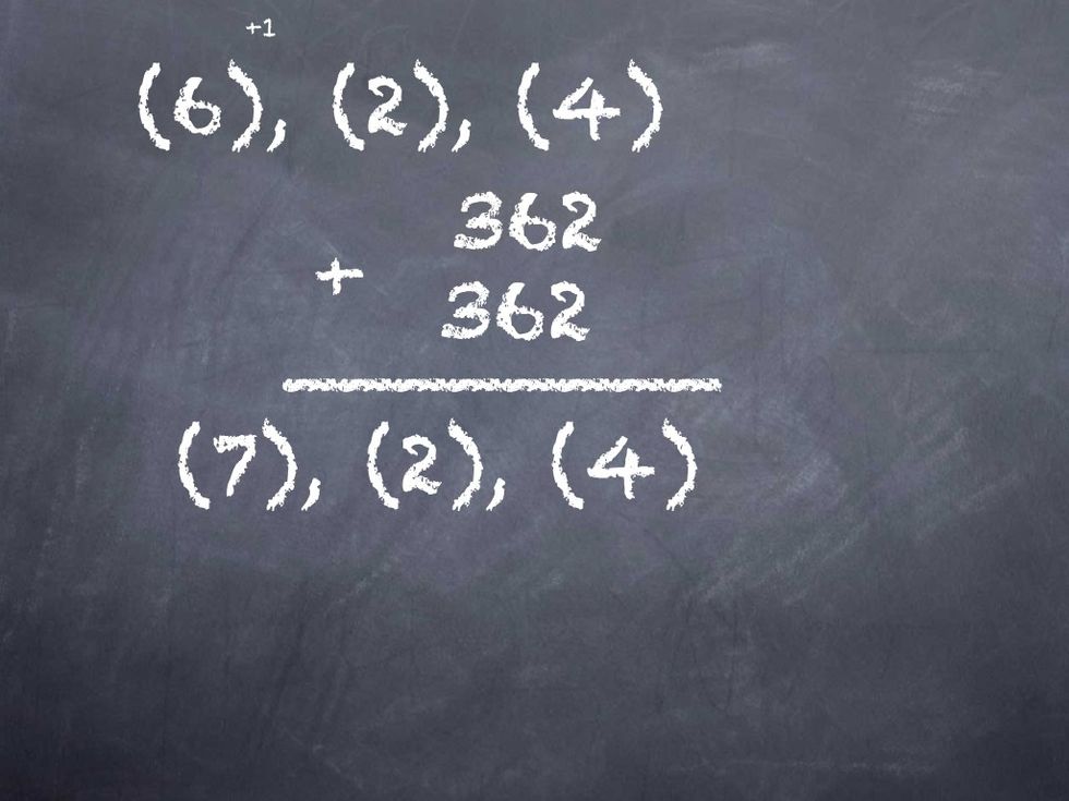 3+3 is 6 (hold 6 in your head). 6+6 is 12 (hold only the 2 in your head). 2+2 is 4 (Hold the 4). We have (6,2,4). Now, if any column adds to more than 10, ADD ONE to the left of it.