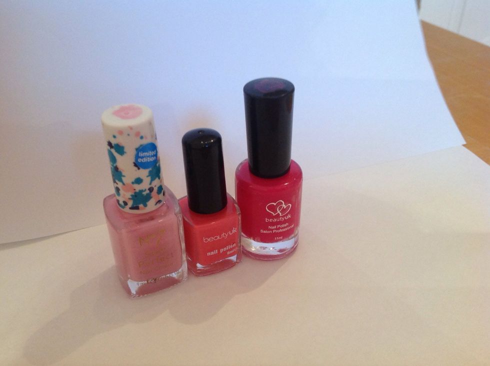 3 - 4 bolder colours (I am using 3). The colours I'm using is a No7 light pink which is no longer available, and 2 beauty uk nail varnishes (which are quite cheap to get and also quite good quality.