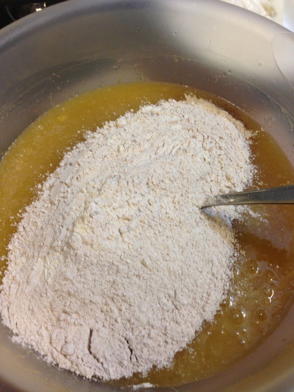 (3) Add dry ingredients  to egg mixture and blend together. Add carrots mix and pour into prepared cake pans.