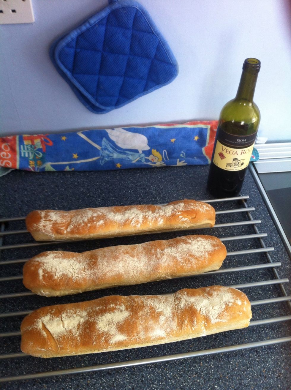3 baguettes and a bottle of wine, some brie and Camembert. But, wait until they have cooled a bit.