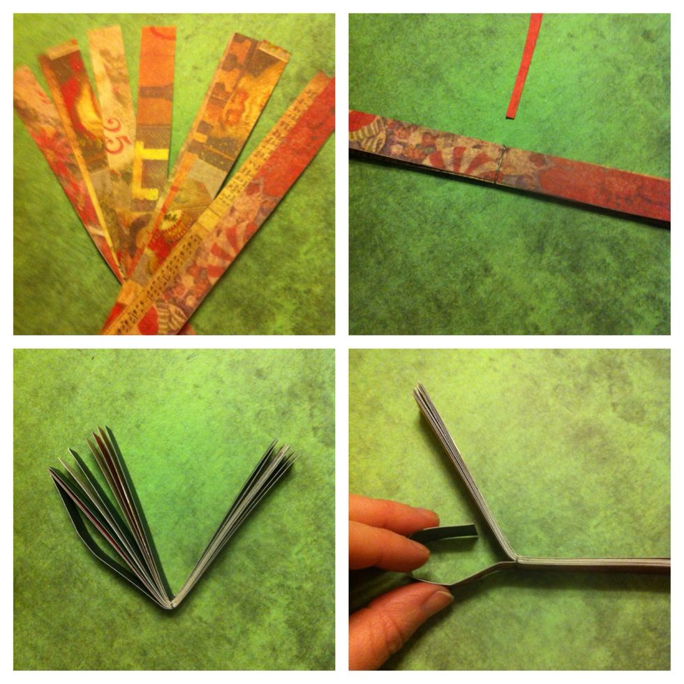 #3. Cut strips again or use ribbon. Again, any size any amount. experiment. Staple or sew in the middle. Fold in 1/2. Take 1st strip on left side, fold inward to center &...