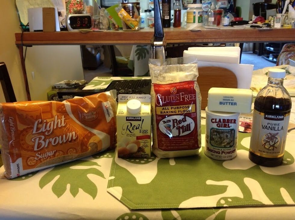 3 eggs Substituted Real Egg whites 3/4 cup white sugar Substituted Brown sugar 1/2 cup butter 1 tablespoon vanilla extract 1 3/4 cups Gluten free, cholesterol free, fat free flour 2 tsp baking powder