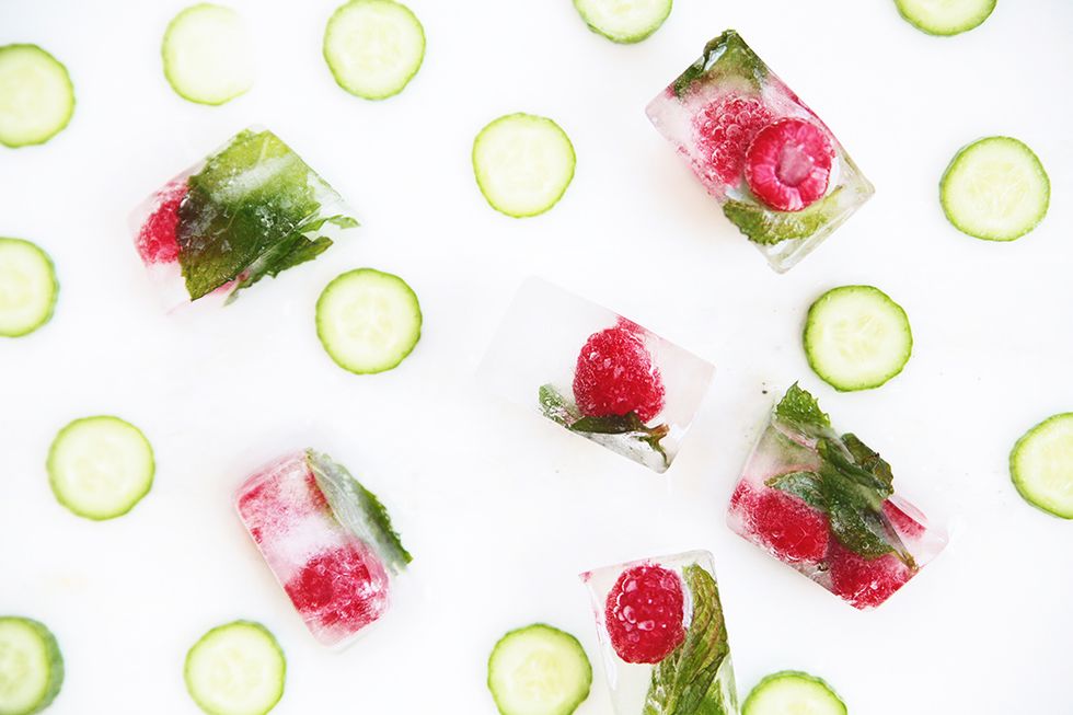 3. Find Incentives to Drink More Water: Our go-to hack to ensure we get our eight cups o\u2019 day? Make fancy flavored ice cubes.