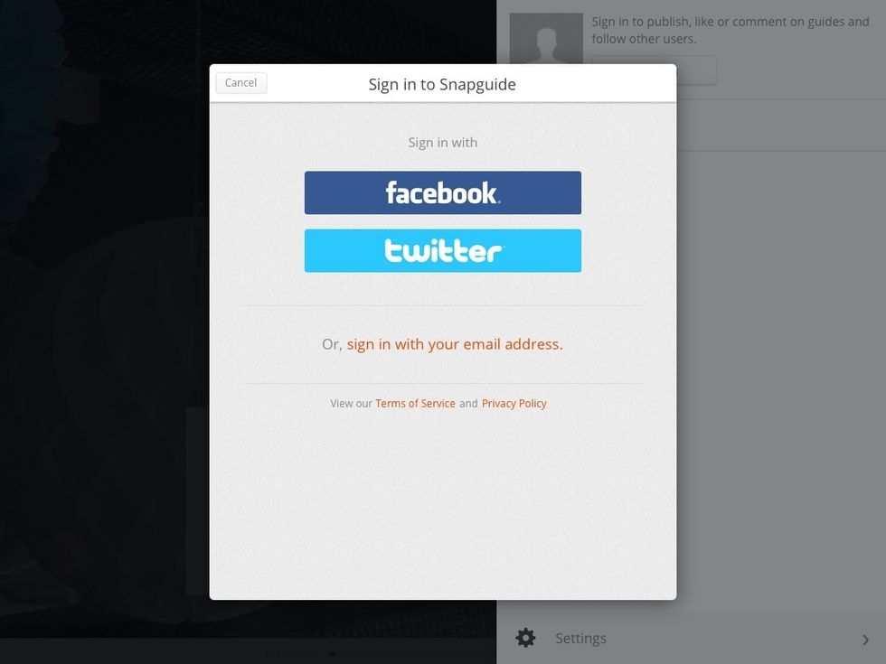 3. If you want to sign up for snap-guide, you can choose to sign in with Facebook, twitter, or your email address.