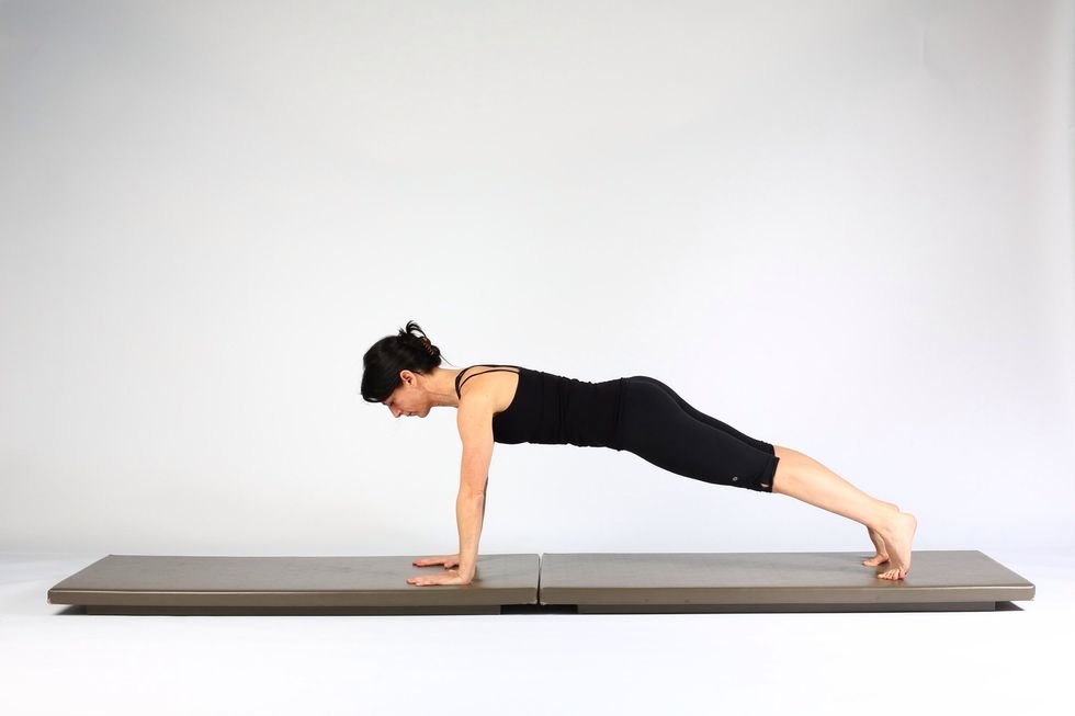 3. LOW PLANK TO HIGH PLANK-     Place right hand where right elbow is and extend elbow to HIgh Plank