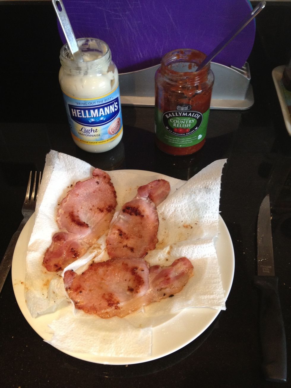3 pieces of bacon, I used whiskey and honey smoked bacon. Either grill or fry in a little olive oil.