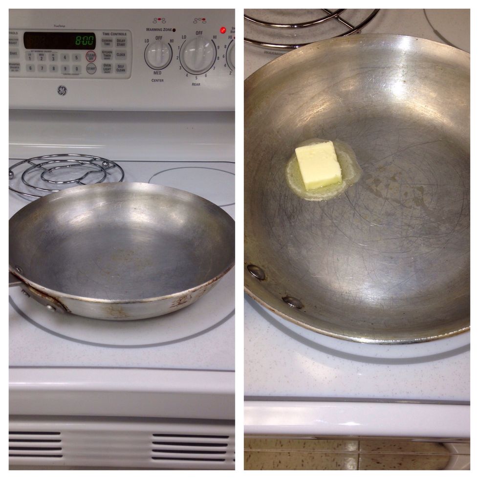 3). Place pan on stove, and add a slice of butter to pan