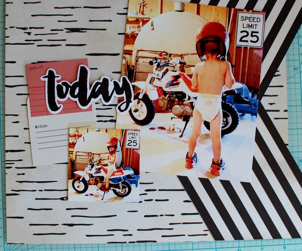 3. Place the arrows on the right side of the layout, with the \u2018today\u2019 and \u2018date card\u2019 from Mixed Bag.  4. A good idea is to lay the page out before proceeding so you can alter if needed.