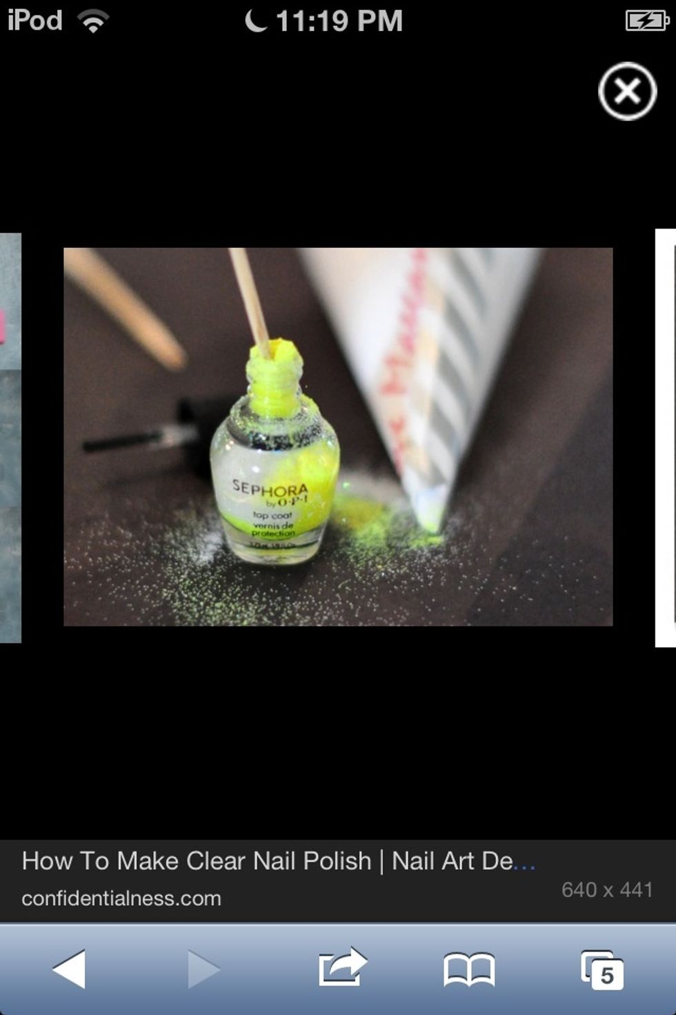 3) put the funnel in your top coat bottle and scrape the eyeshadow into the funnel! careful dont put too much! just put a tiny bit and shake it and test out the color to see if you like it!