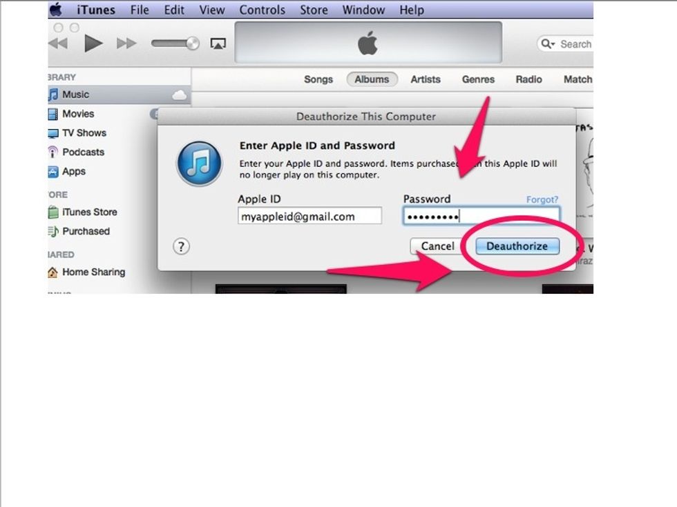 3. When prompted, enter your Apple ID password and click"Deauthorize."