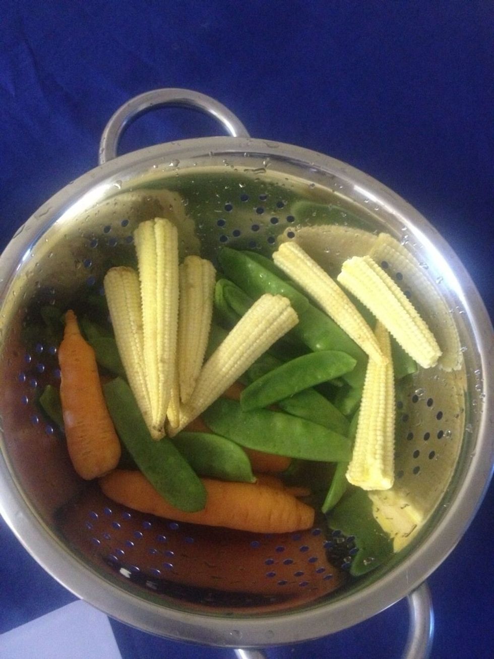 350gms of mixed vegetables like carrots, baby corn, short beans, long beans, any other vegetable as you like.