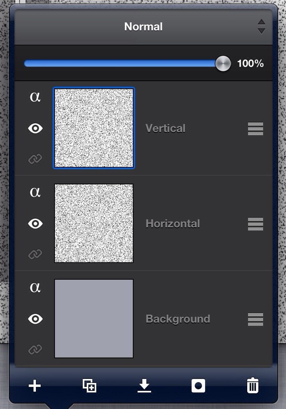 4. Choose "Horizontal" layer, make sure Color 1 is black, then apply Filters->Noise->Add Noise\u2026, set Noise type: "Monochrome", Strength: 100, Density: 65. Then choose "Vertical" layer and use the same