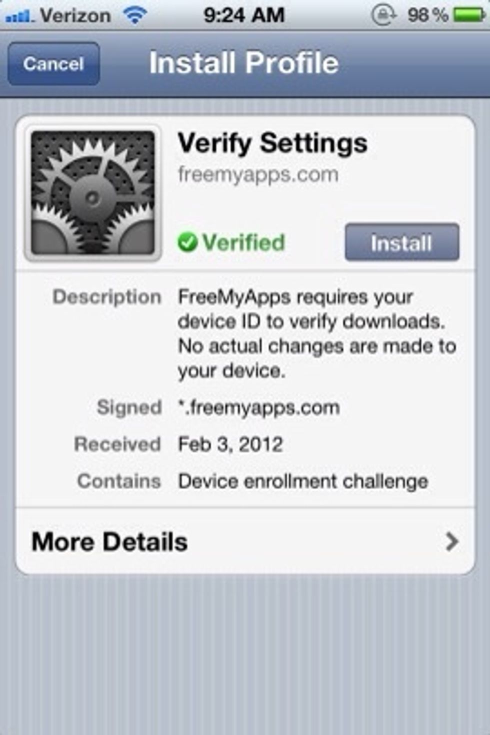 4. click install to proceed (it's safe, but if you are not sure, you can always remove this profile after)