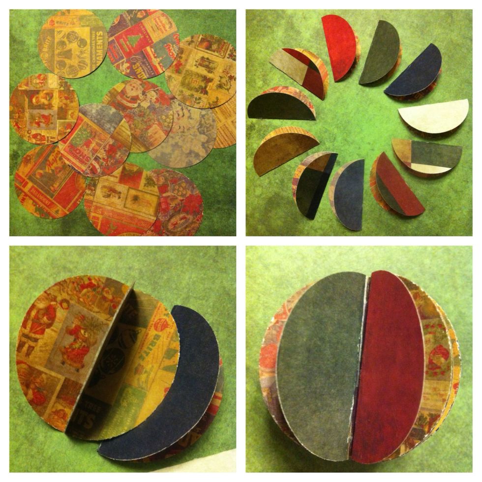 #4. Cut some circles. Fold in 1/2 w/ design inside & plain part on outside. Pick up 2 & glue plain faces together. Pick up another & add it on. Keep adding on till you like it.