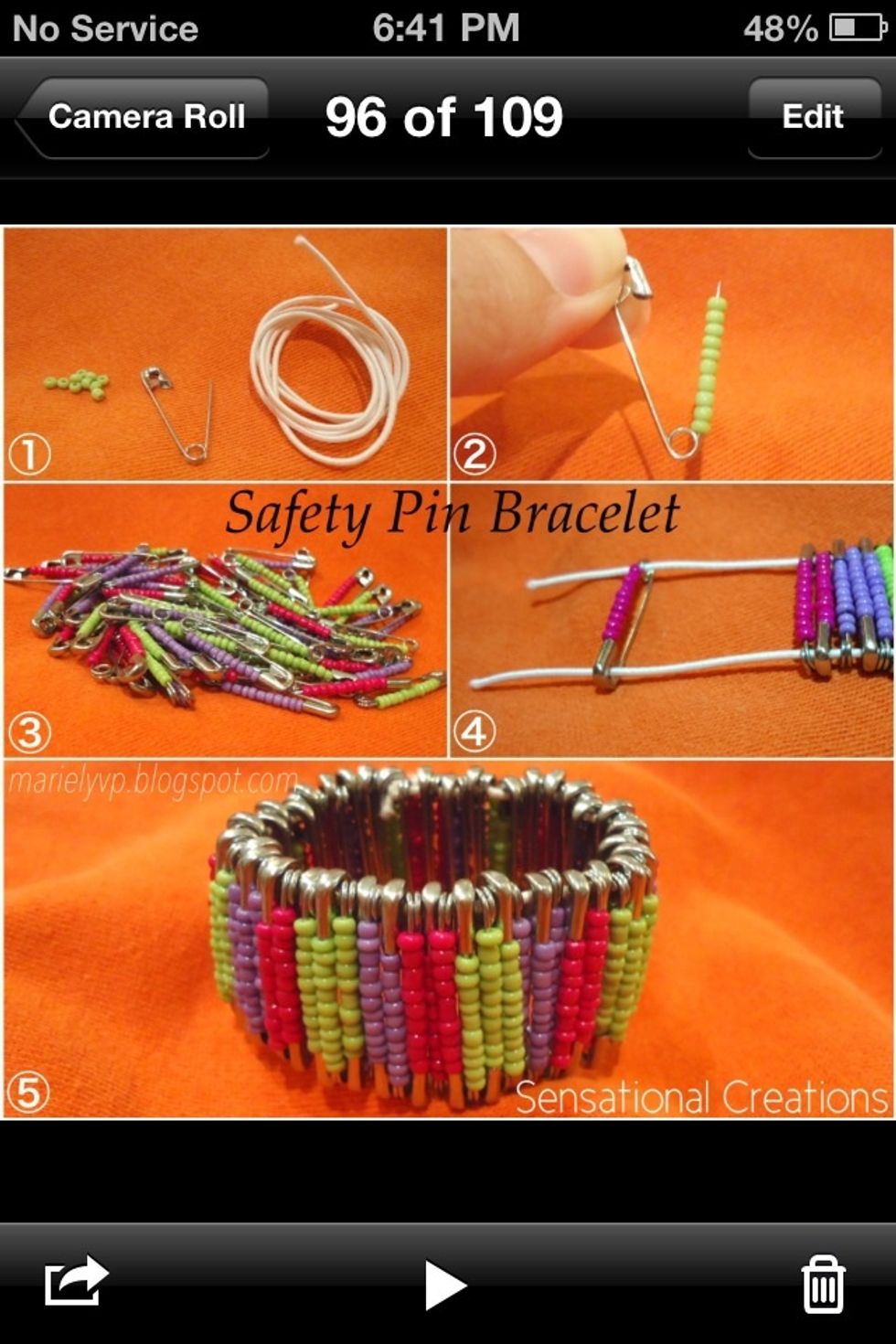 4. Cut two pieces of elastic cord. Thread one of the cords through the top hole of one pin and then though the bottom hole of another pin. Repeat the step with the second cord.