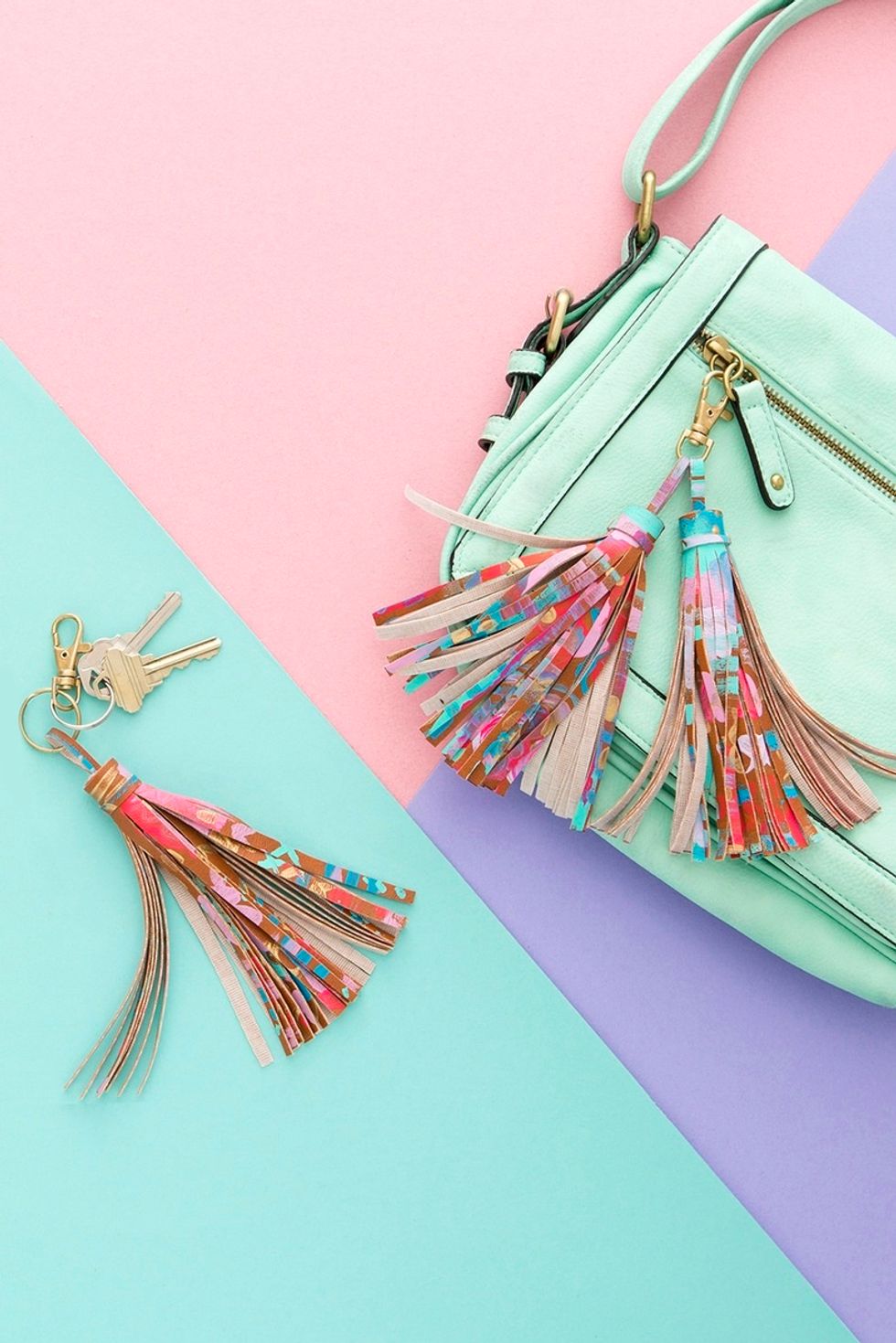 4. DIY Tassel Key Chain: This keychain can be made out of leather scraps from old DIY projects. Paint a cute multi-colored pattern, then fringe the leather! http://go.brit.co/2cgf5xm