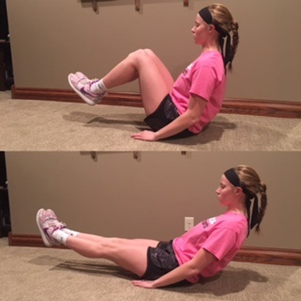 4. In and Outs- Sit on the floor with knees bent. Lift your knees off the ground and extend your legs. Don't touch the ground. Pull back in your knees and repeat. Do 15 reps.