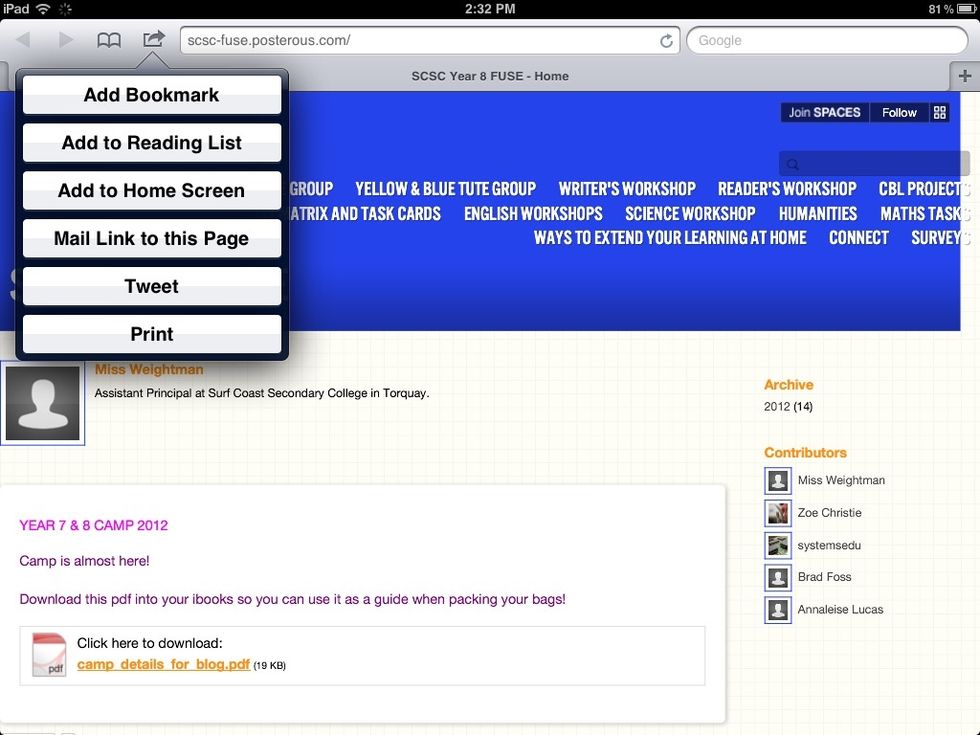 4) It is a good idea to bookmark this page. a. Press the button next to address bar; the symbol is a box with an arrow in it. b. touch the button 'Add Bookmark.' c. then click done.