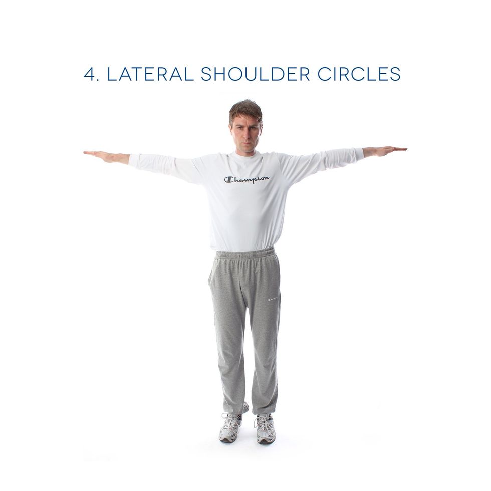 4. Lateral Shoulder Circles - Focus on the shoulders. Stick your arms straight out to the side. Make small circles with your arms. Do this for 1 minute.