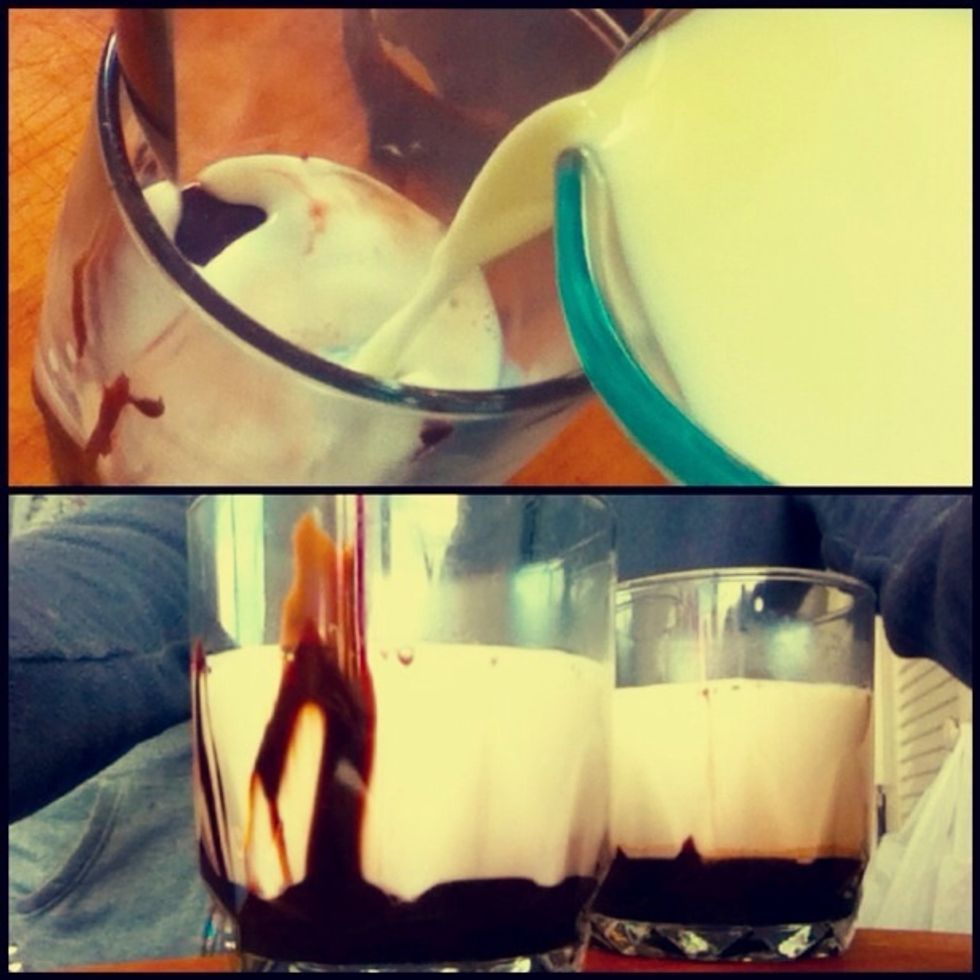 4. Next, heat up the milk in a pot or in the microwave, heat up enough for your cup, or whoever your making it for! And pour it into the cup! NOTE for froth on top I save a bit of the heated milk.