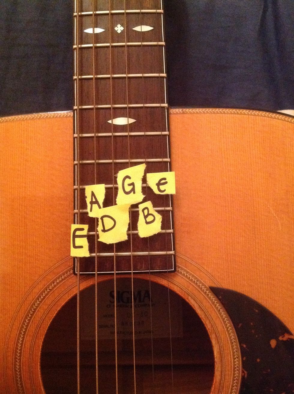 4.) Note what the letters each string are (from lowest to highest note) E, A, D, G, B, and E.